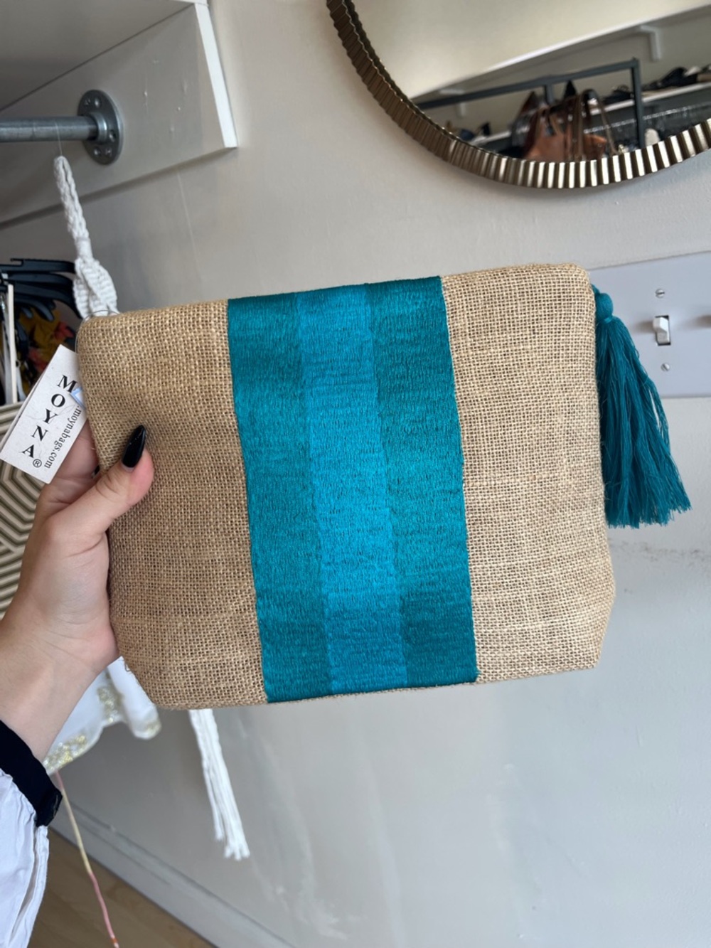 Teal Stripe Burlap Cosmetic Pouch NWT